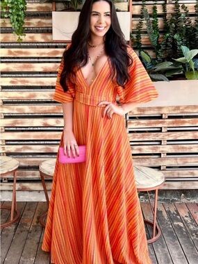 Striped Orange V‑Neck Maxi Dress with Belted Waist